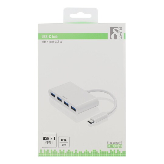 DELTACO USB 3.1 Gen 1 hub, USB-C, 4xUSB Type A, 5V 4,5W 900mA, white -  Elkjøp