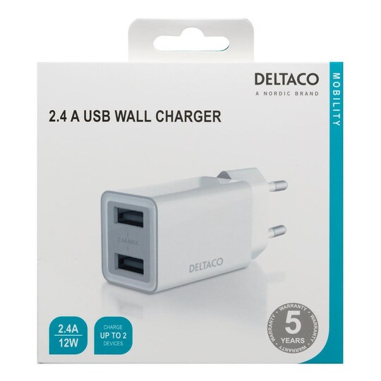 DELTACO USB vegglader, 2x USB-A, 2,4 A, totalt 12 W, hvit - Elkjøp