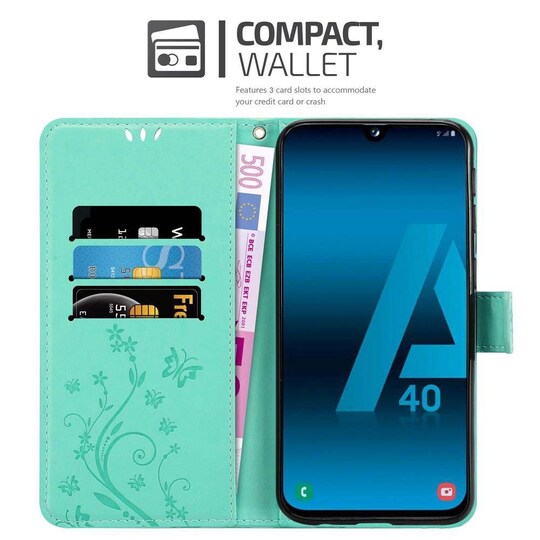Samsung Galaxy A40 lommebokdeksel Blomster (turkis) - Elkjøp