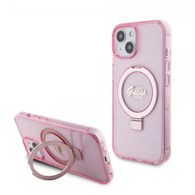 Guess iPhone 15 Deksel Ring Stand Glitter MagSafe Rosa