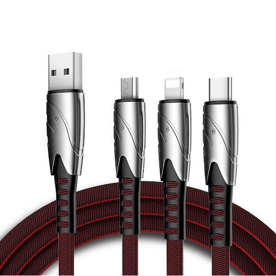 3-i-1 multilader 1,2 m for USB-C, mikro-USB og lightning - svart / rød -  Elkjøp
