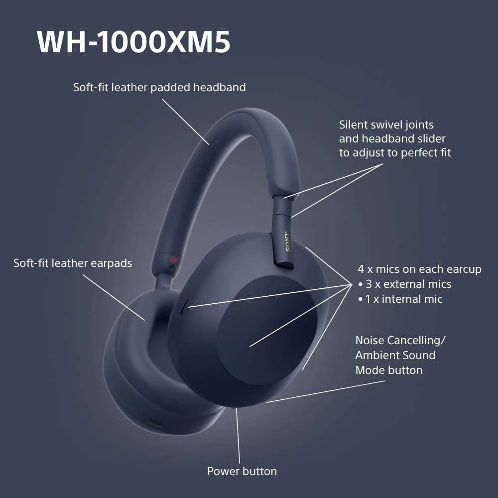 Sony WH-1000XM5 trådløse around-ear hodetelefoner (midnattsblå)