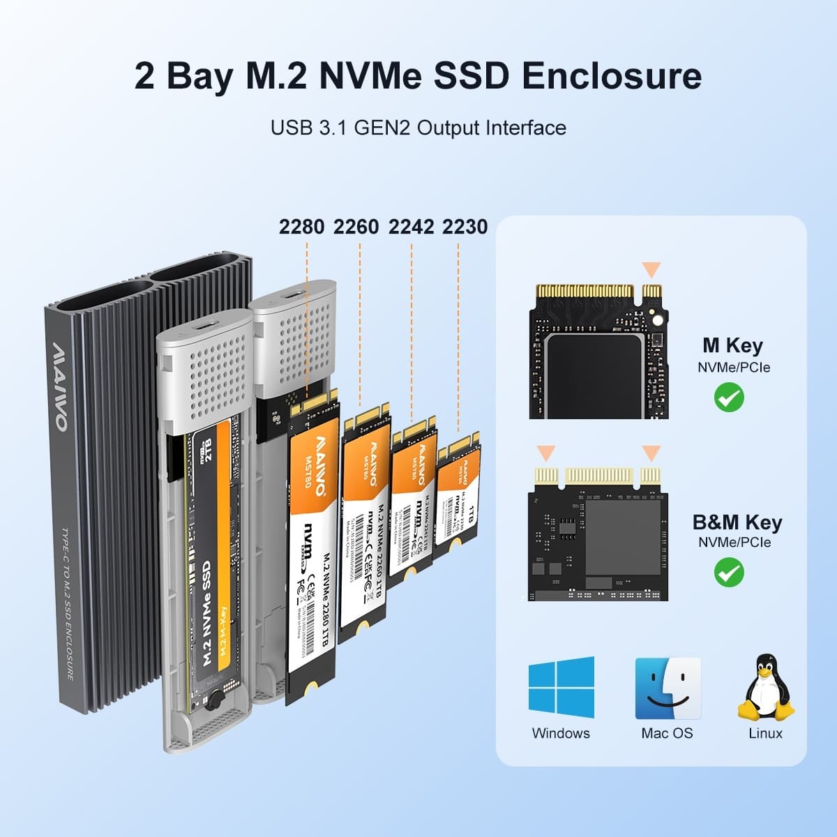 Maiwo Dual Disk NVMe SSD-kabinett USB-C 3.1 GEN2 10 Gbps