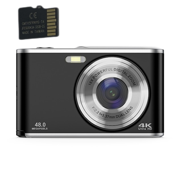 Digitalkamera 4K 48MP 16 x zoom webkamera med 32 GB TF-kort Sort