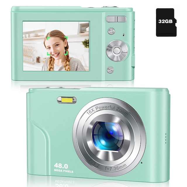 Digitalkamera 48 MP, 1080p FHD, 16x zoom, 32GB minneskort Green