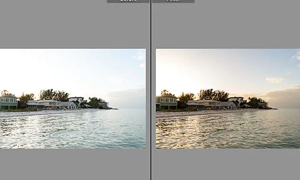 Sammenligning av før og etter bruk av autofunksjonen i Adobe Lightroom på et bilde fra sjøen