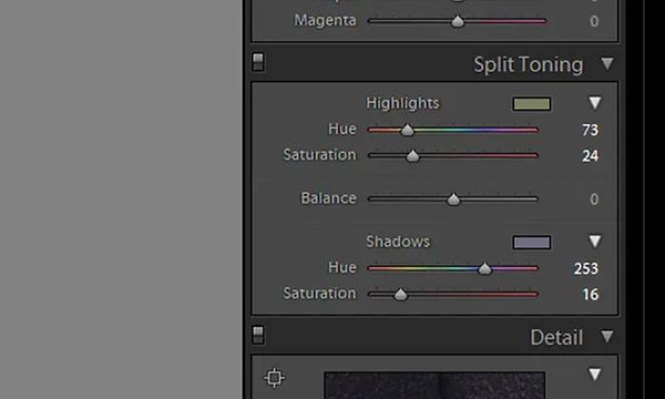 Nærbilde av Adobe Lightroom split-toning justeringsvindu