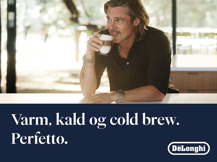 DeLonghi toppbanner med Brad Pitt og teksten varm, kald og cold brew, Perfetto